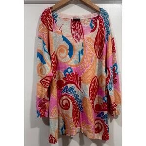 Talbots Cotton Retro Paisley Long Sleeve V-Neck Sweater Womens L Spring Boho